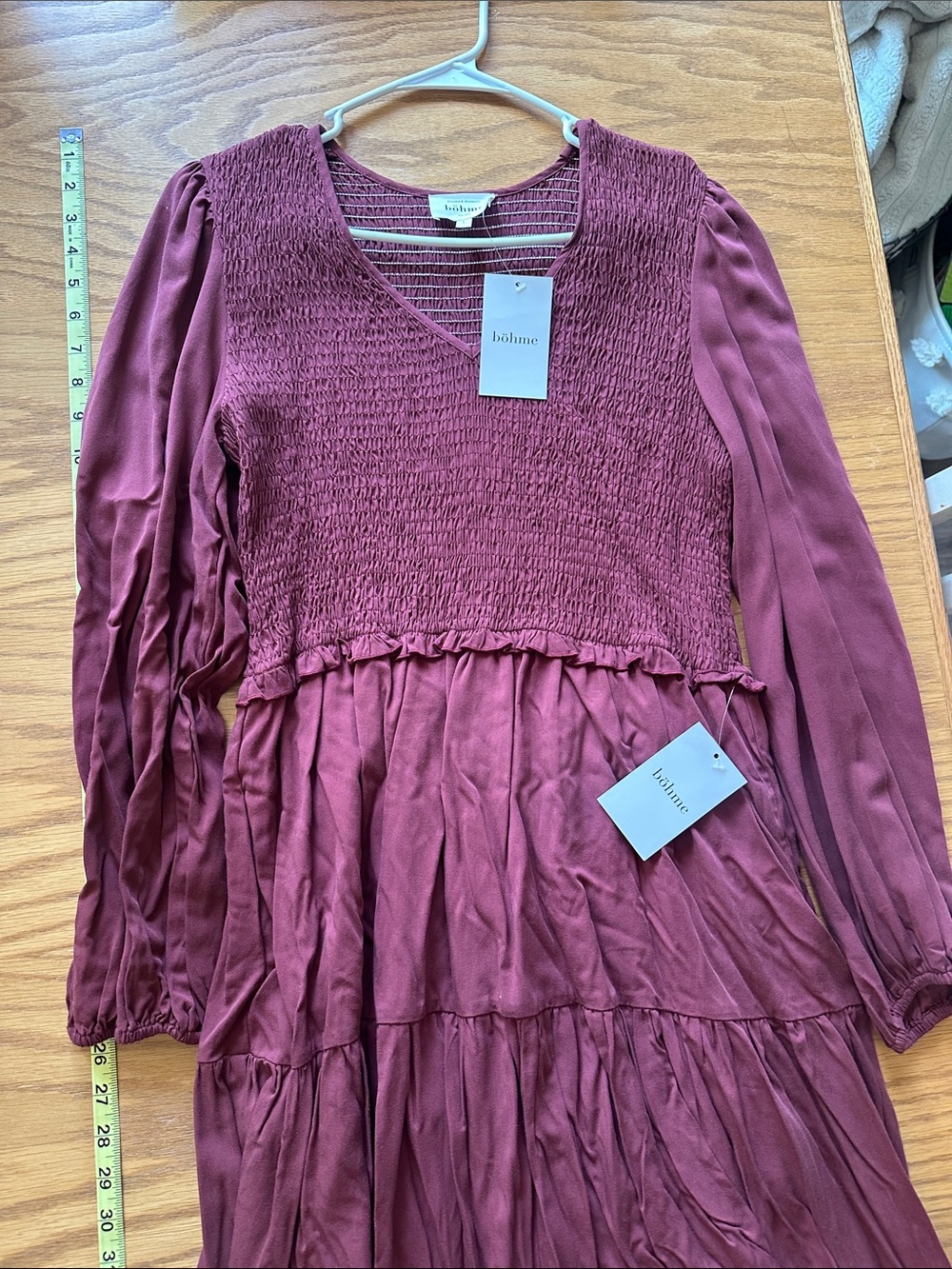 bohme Smocked Bodice Tiered Dress - Burgundy